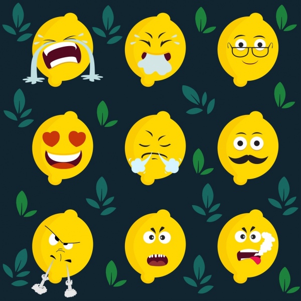 emoticono fondo amarillo iconos de limón estilizado diseño