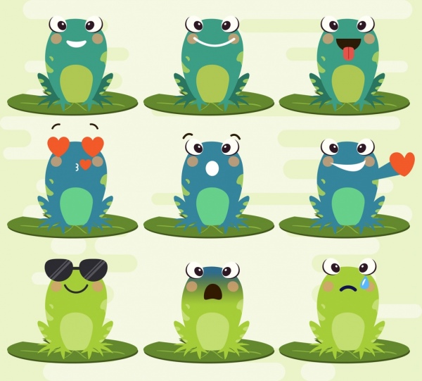 icônes de grenouilles vertes mignon émoticône collection cartoon design