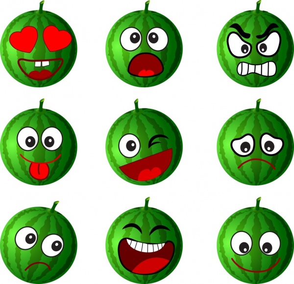 ícones de melão emoticon coleção verde água
