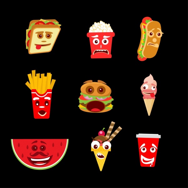 coleção de emoticon estilizado ícones do fast-food