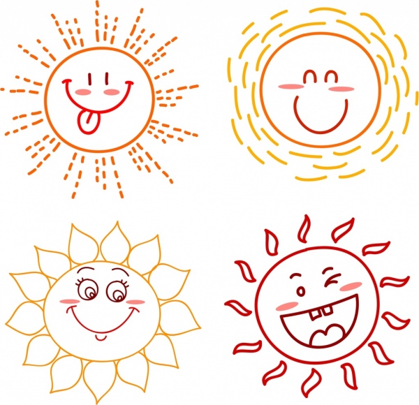 Colección de iconos de esbozo de handdrawn sol lindo emoticono