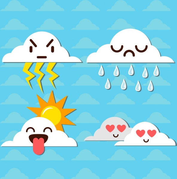 Emoticon setzt verschiedene stilisierte weiße Wolken-Symbole