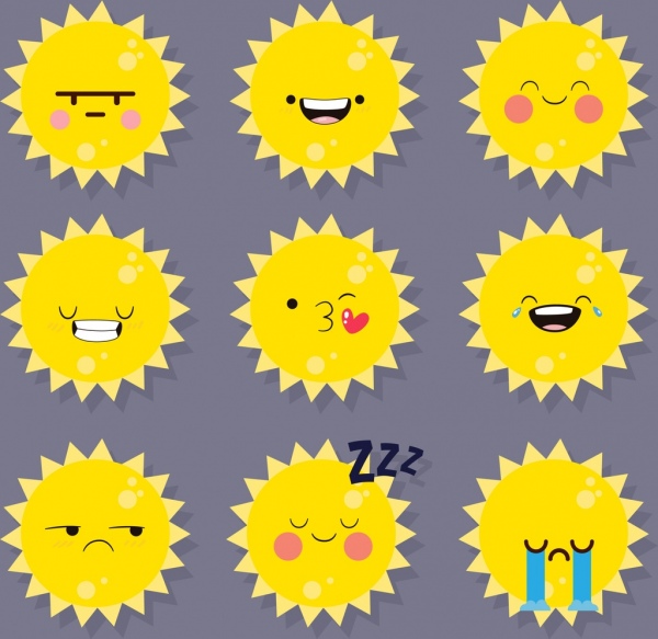 黄色のデザインに直面して感情的なアイコン コレクション太陽