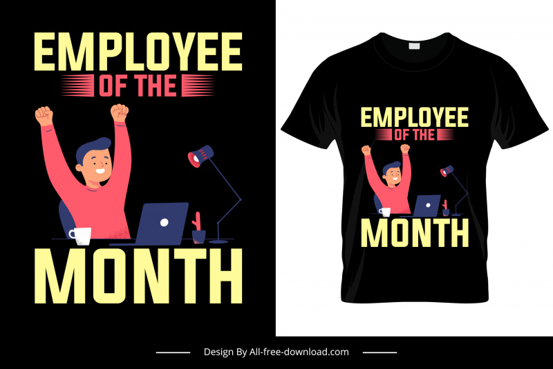 今月の従業員 Tシャツテンプレート 漫画のキャラクター コントラスト 暗いテキストの装飾