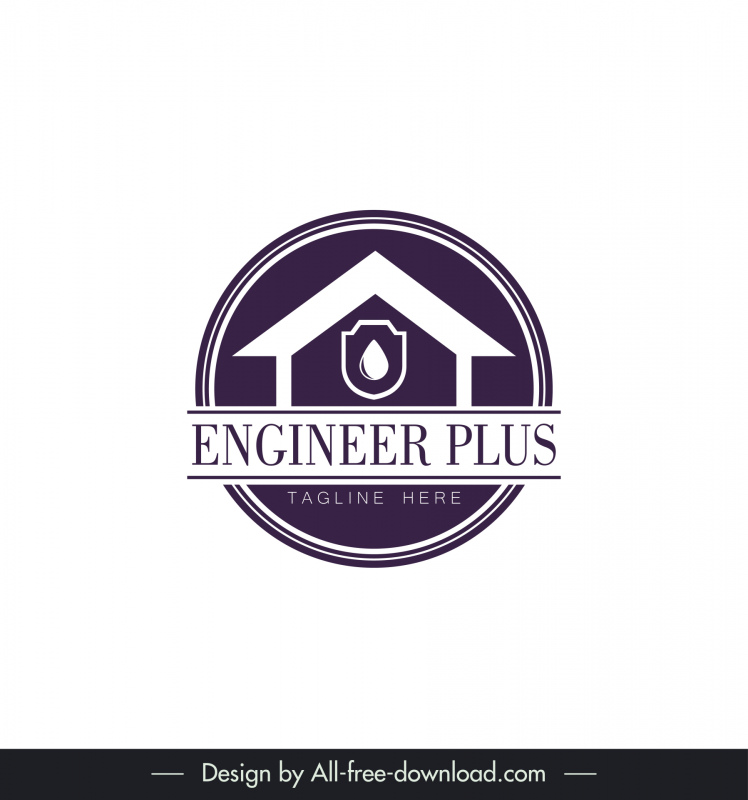 엔지니어 플러스 방수 및 건설 회사 플랫 하우스 모양 원형 스케치에 대 한 로고