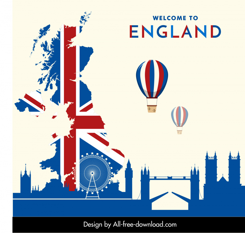 Inglaterra Banner publicitario Monumentos famosos Boceto Silueta plana diseño