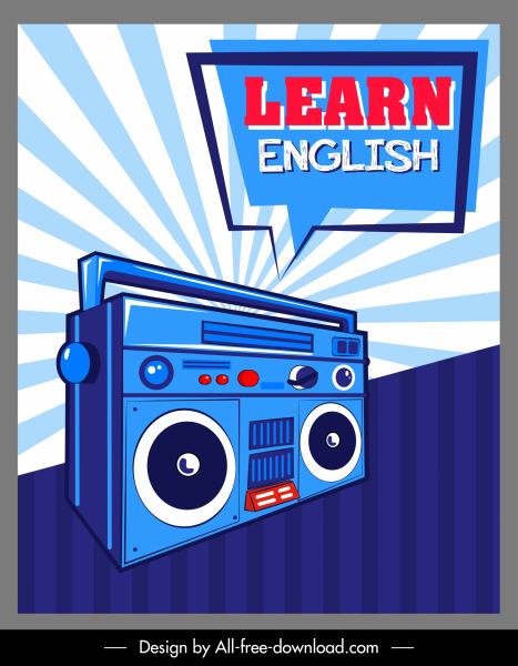 Englisch lernen Banner retro Radio Sprachblase Skizze