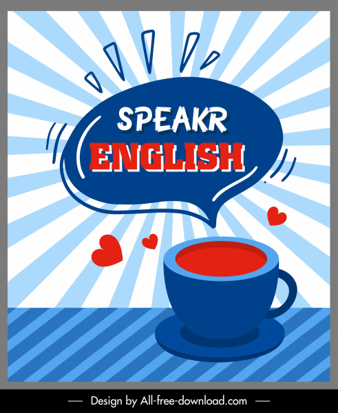 english speaking banner coffee cup speech bubble sketsa