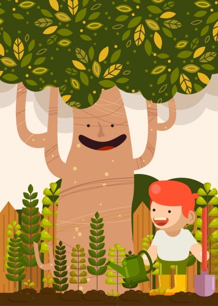 ambiente fundo criança plantando árvores ícones desenhos animados estilizados