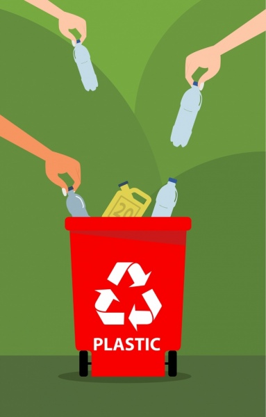 garrafas de plástico de mão do ambiente bandeira ícones do caixote do lixo