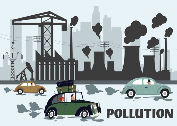 Medio ambiente contaminación auto planta bandera iconos de diseño de dibujos animados