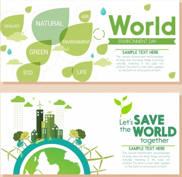 Umwelt Banner grünes Blatt Globus Gebäude Ikonen Dekor