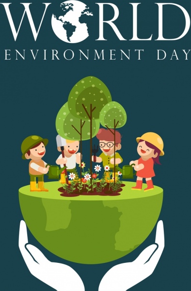 Banner do Dia do Meio Ambiente Crianças Plantando Árvores Ícones do Globo