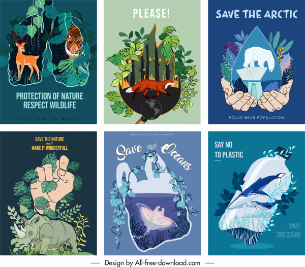 banners de proteção ambiental animais selvagens esboçam design clássico