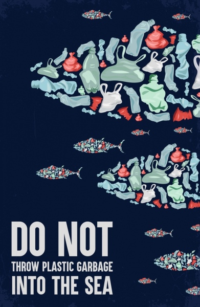 ambiente banner spazzatura in plastica pesci icone arredamento