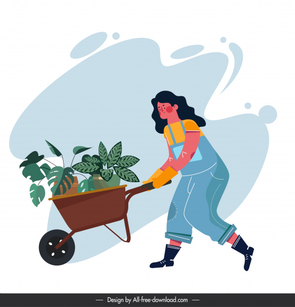 環境バナー女性植栽作業スケッチ漫画のキャラクター