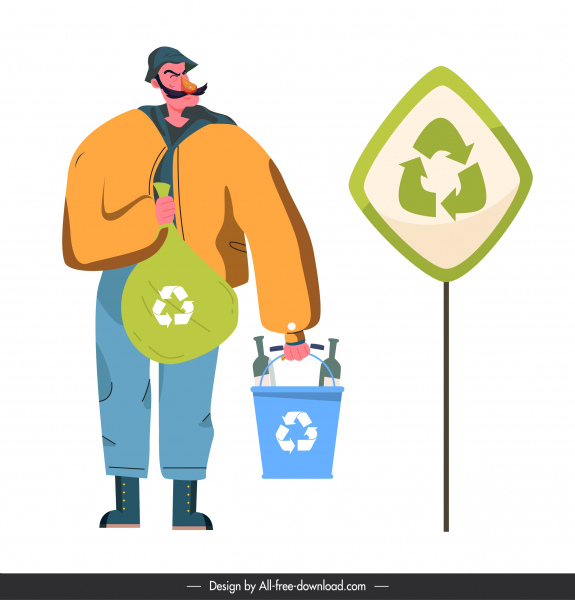 حماية البيئة راية رجل إعادة تدوير القمامة رسم