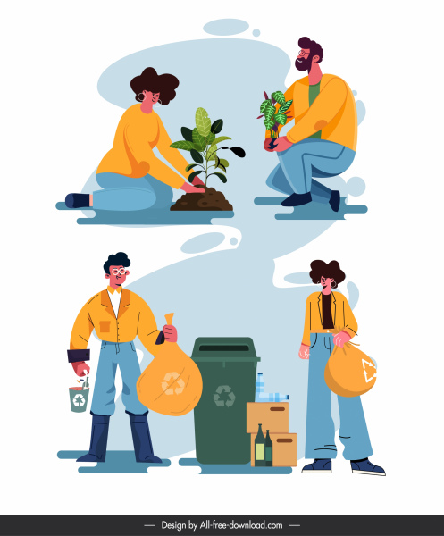 ícones de proteção ambiental plantação lixo esboço personagens de desenho animado