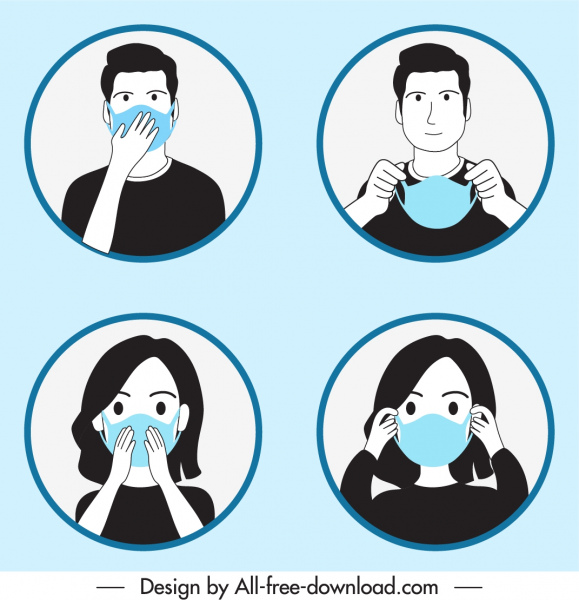 ícones de proteção epidêmica enfrentam mascarar pessoa esboço