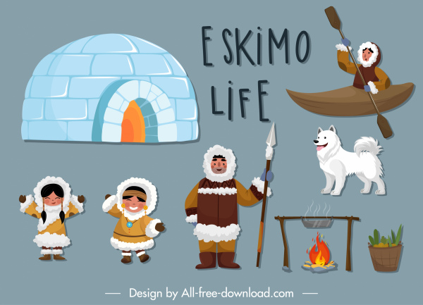Elementi di design eskimese simboli di design cartone animato schizzo