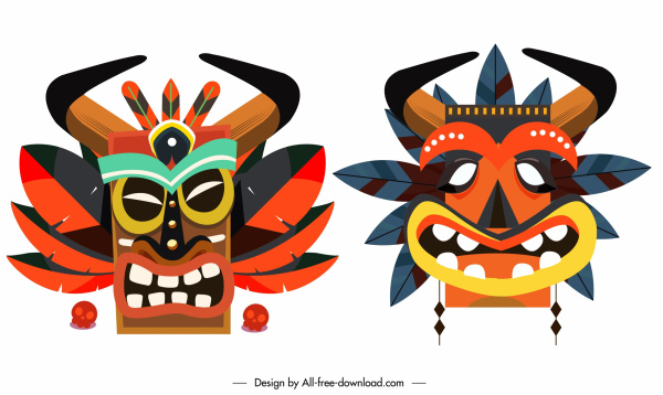 masques ethniques icônes colorées classiques effrayés visages symétriques