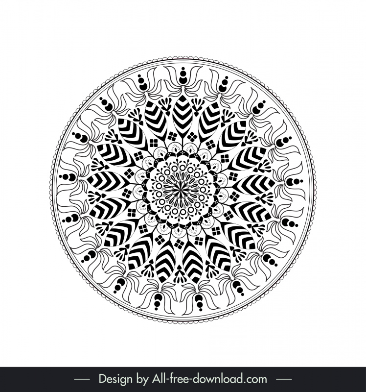 Ethnic Ornamental Mandala Sign Icon Black White Symmetric Illusion Sketch