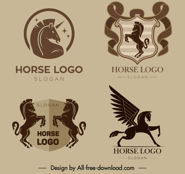 Europejskiej szablony logo koń jednorożec płaski retro szkic