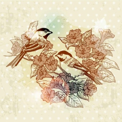 vector de pintura de flor de pájaro retro europeo