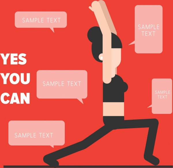 exercice bannière fitness dame textes bulles de dialogue icônes