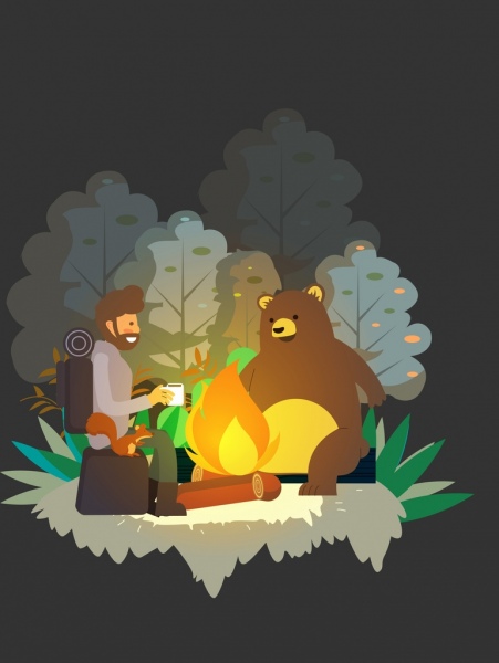 ícones de fogo exploração fundo homem estilizado urso