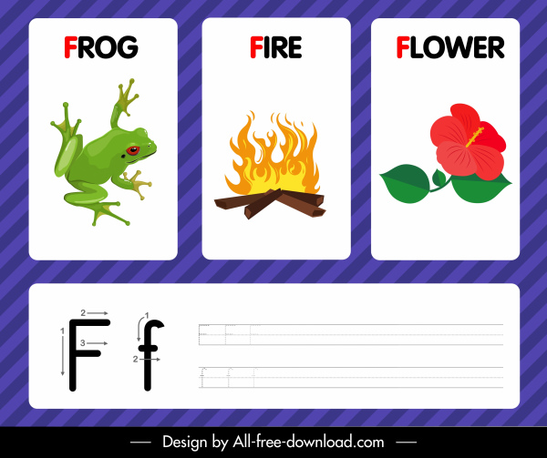 f modelo de estudo do alfabeto ícones de flor de fogo de sapo