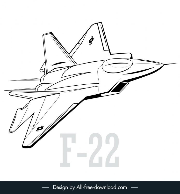 F 22ジェットアイコンブラックホワイトスケッチ