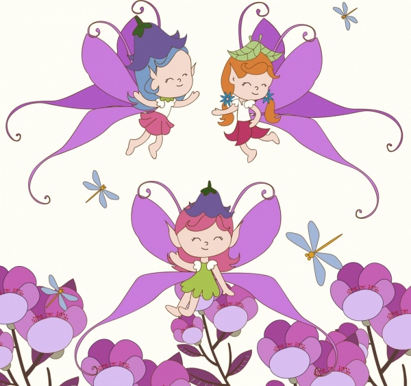 peri arka plan sevimli kızlar çiçekler simgeler karikatür tasarım