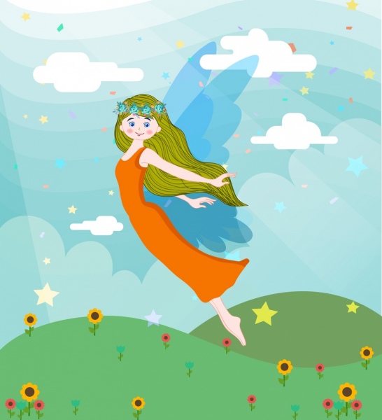 귀여운 요정 배경 날개 소녀 만화 디자인 컬러