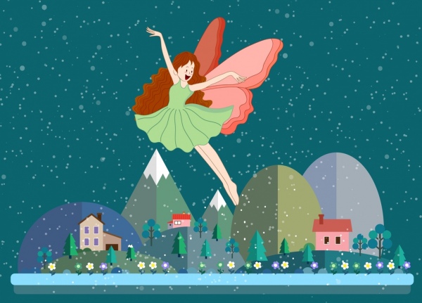 kanatlı kız simgesi renkli karikatür uçan peri arka plan