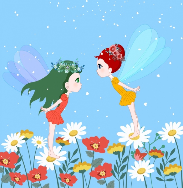 요정 배경 날개 달린 소녀 꽃들 아이콘 만화 디자인