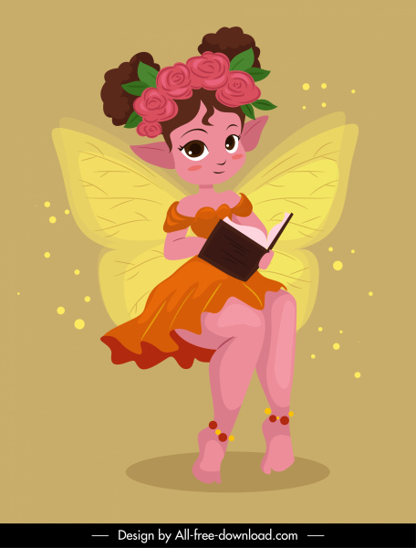 妖精のキャラクターアイコンかわいい翼の女の子のスケッチ