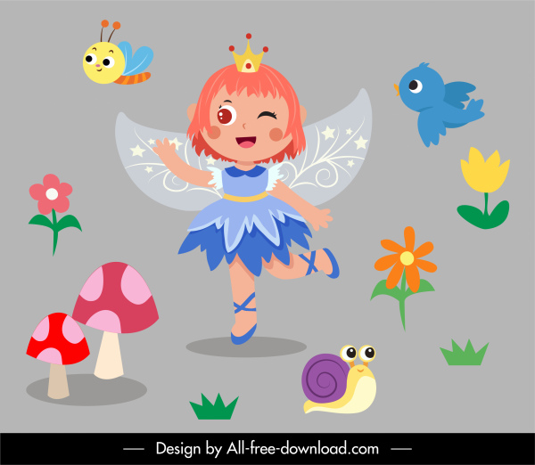 elementos de decoração de fadas winged menina flores esboço animais esboço