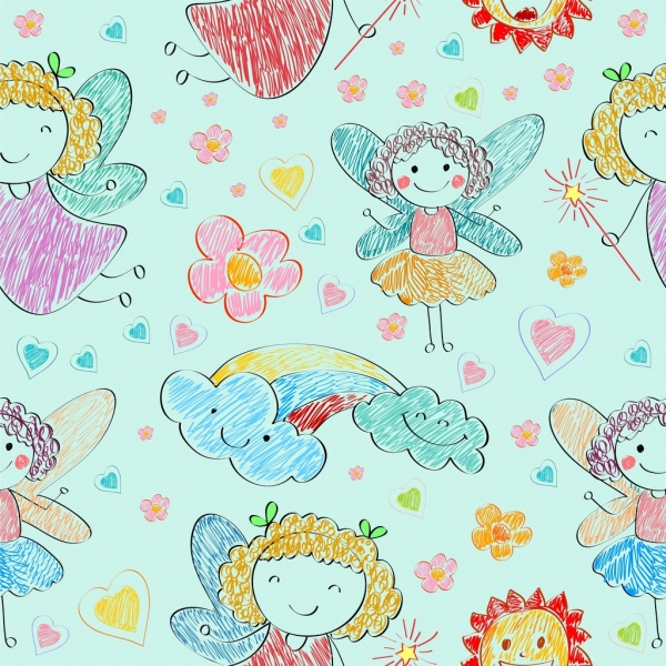 fada desenho menina cute corações ícones coloridos handdrawn