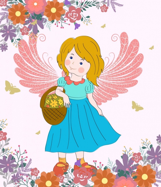 dibujo de hada con alas niña decoración floral color de dibujos animados