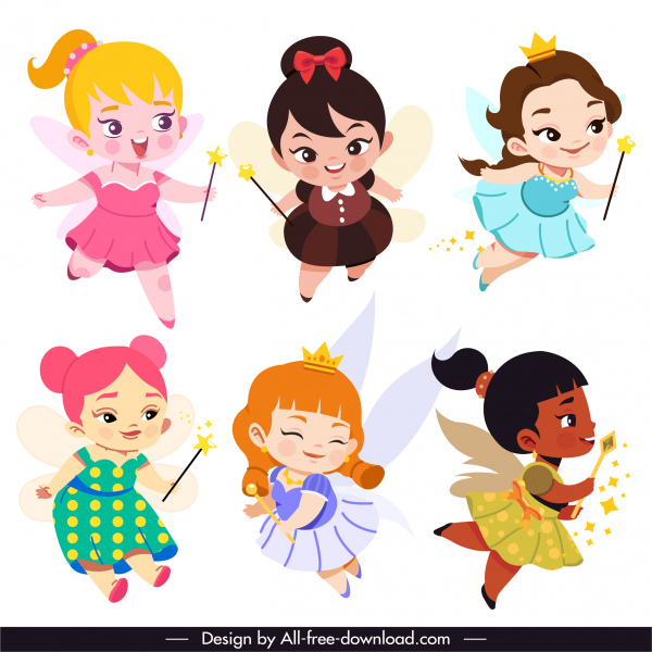 Fairy Icons Cute Girls Sketch Cartoon Characters-vector People-free Vector  Free Download