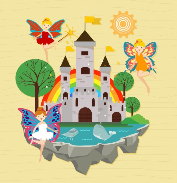 Fairy Land Hintergrund Engel Burgen Symbole farbige cartoon