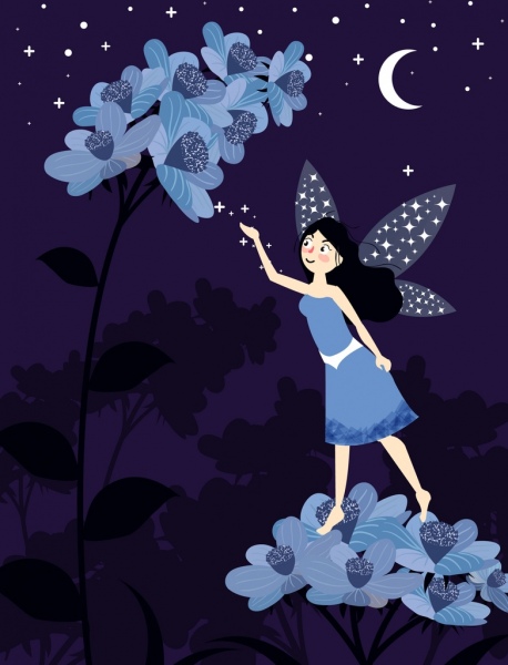Fee Malerei winziges geflügeltes Mädchen Blume Mondlicht Ikonen