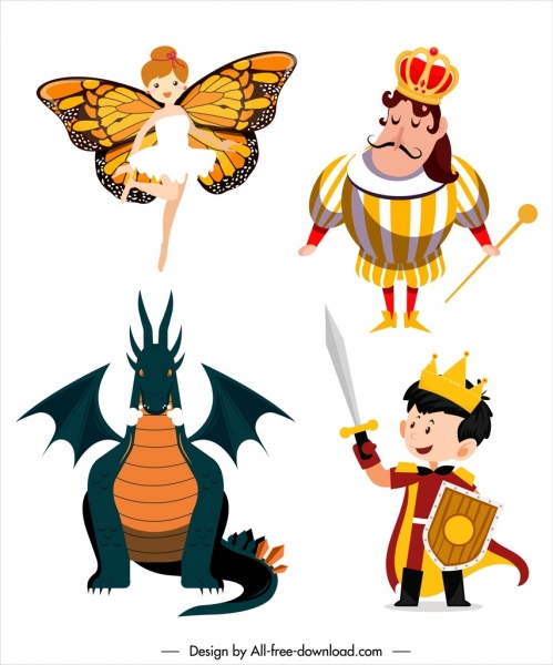 personagens de conto de fadas ícones dragão cavaleiro rei esboço