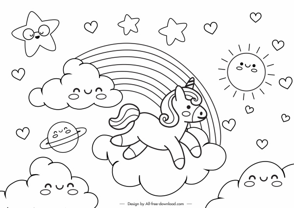 dongeng menggambar awan bergaya lucu matahari unicorn