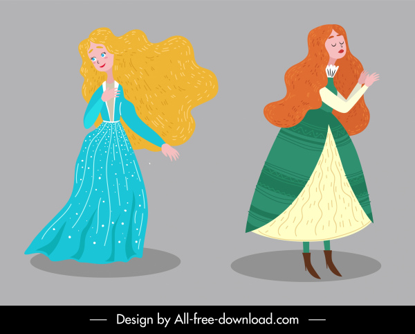 ícones de conto de fadas belas senhoras esboço personagens de desenho animado