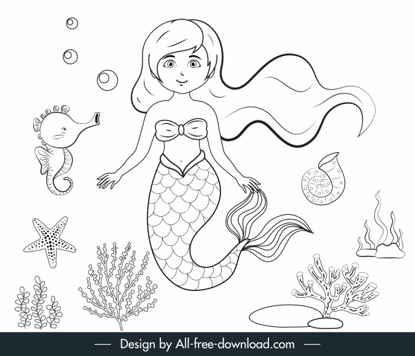 关键字: 美人鱼 故事 仙女 黑白色 手绘 卡通 向量 插图素描 艺术