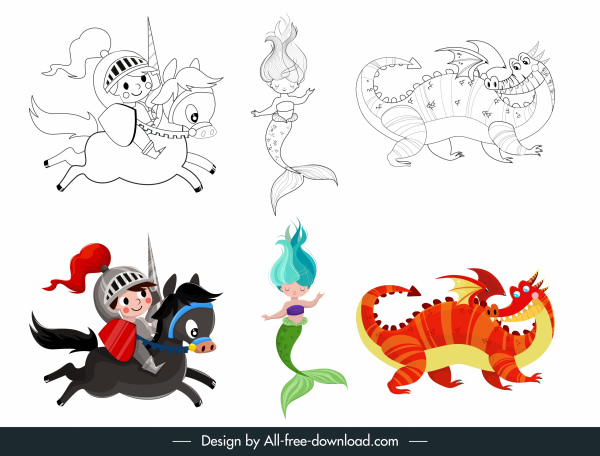 les icônes de contes de fées écaillonnent le croquis de dessin animé de dragon de chevalier de sirène