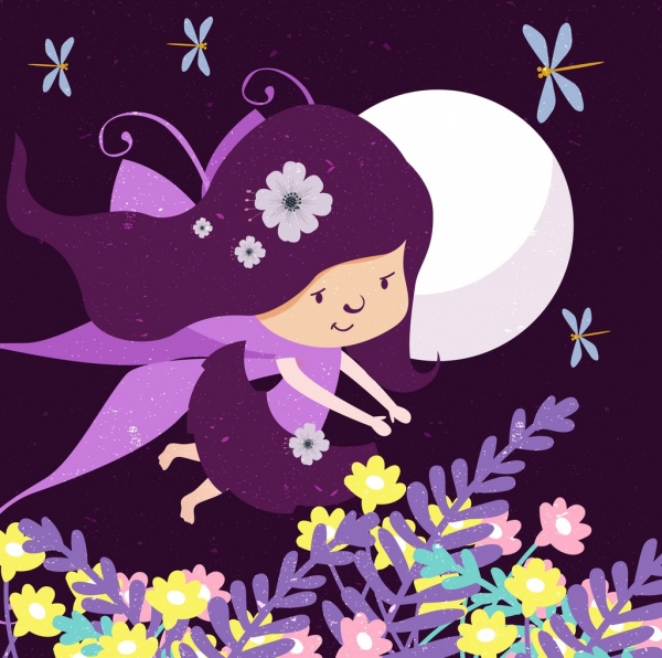 conte de fées dessin flying fille clair de lune fleurs, décoration