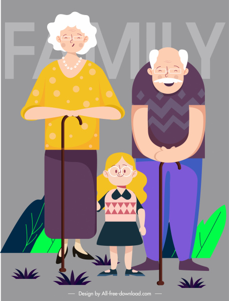 famille arrière-parents grand-parents petite-fille croquis personnages de dessin animé